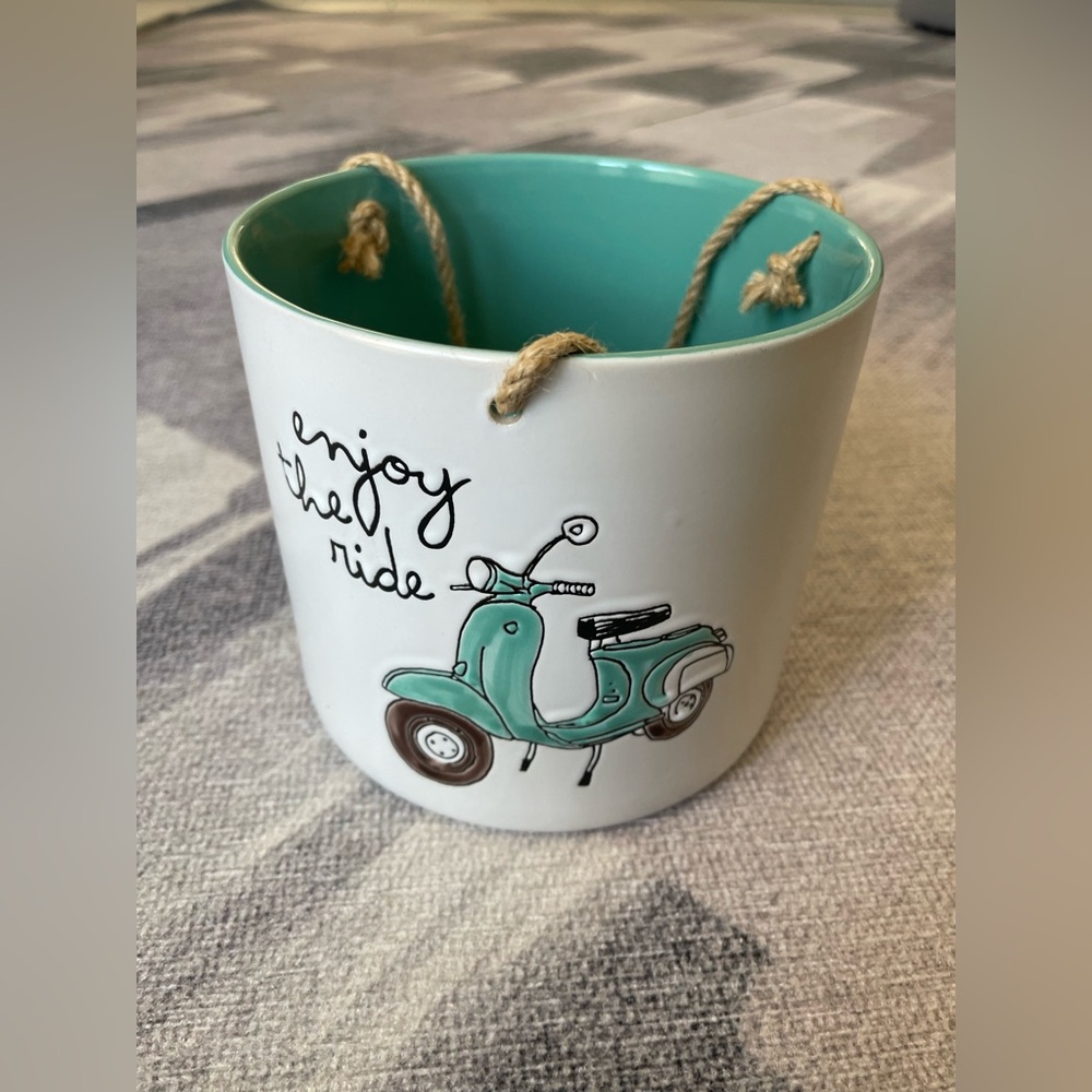 White and Teal Hanging Ceramic Planter with Scooter Design